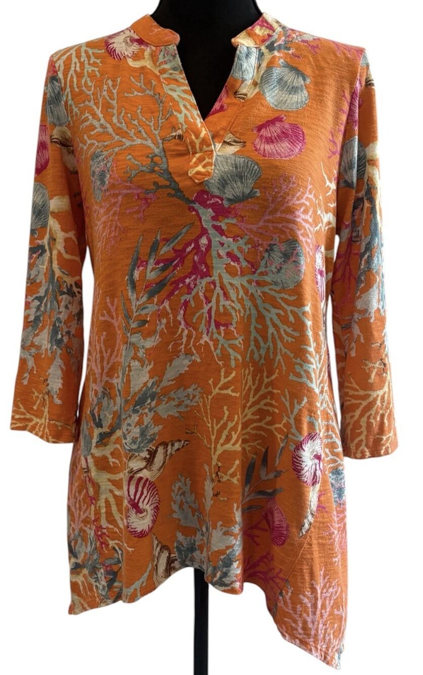 Chico’s Orange Ocean Themed Slub V-Neck Tunic Size 0 (Small)